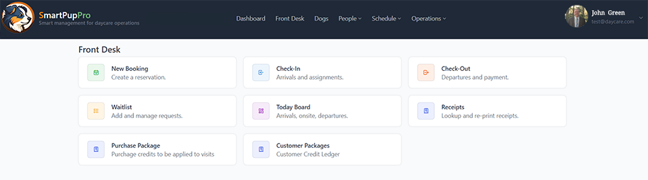 Dog daycare software dashboard showing daily operations, attendance, and payment activity